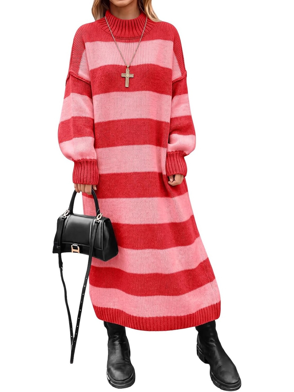 🆕 Women's Red Striped Knit Sweater Maxi Dress Mock Neck Fall Winter Top